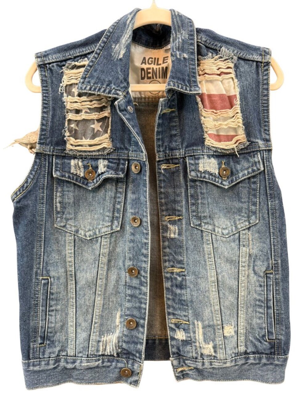 Agile Denim Distressed American Flag Vest M Y2K Biker Western USA